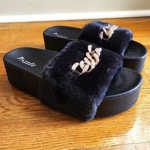 New! Black Size 9 Pazzle Morgan-06 Faux Fur Platform Sandal